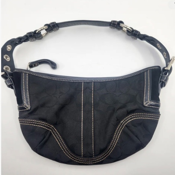 Coach Signature Mini Black Canvas Leather Hobo Shoulder Bag - Picture 11 of 14